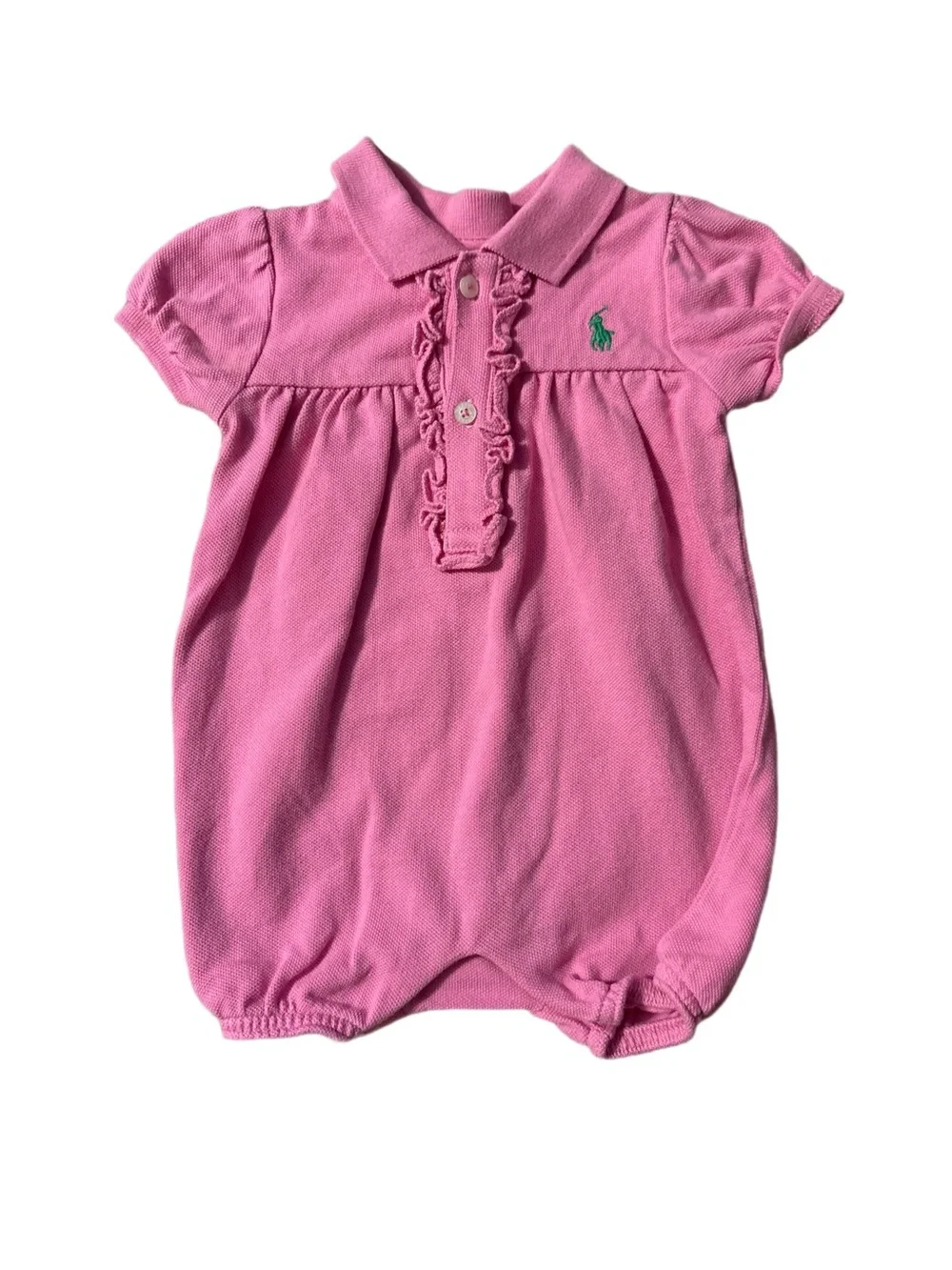 Ralph Lauren Outfit Pink One piece Green Pony Logo Romper 2 Button 6 Months